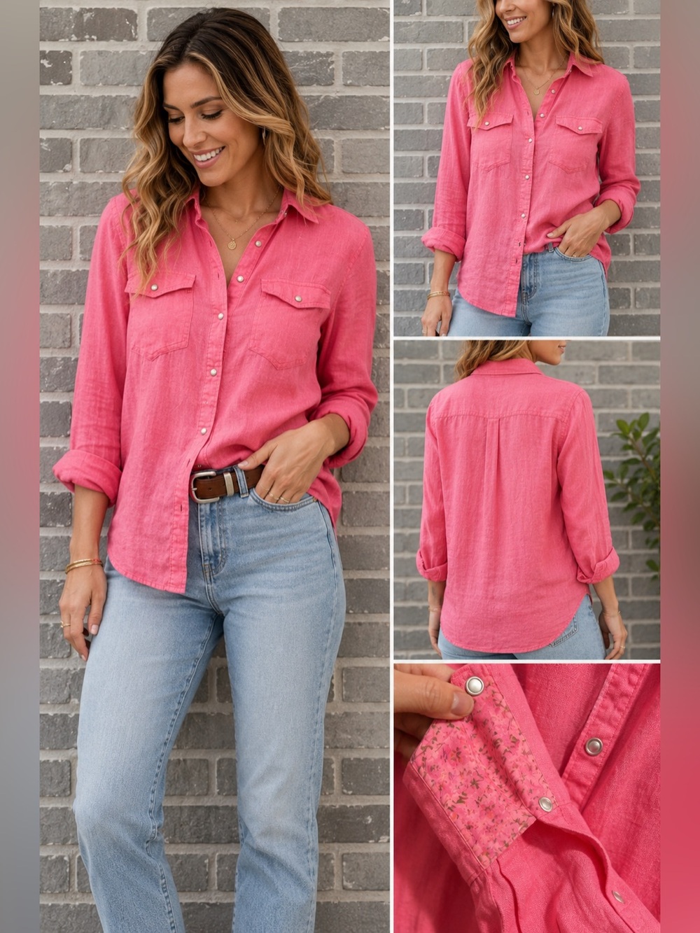 NWT Sundance 100% Linen Pink Pearl Snap Button Down Shirt M